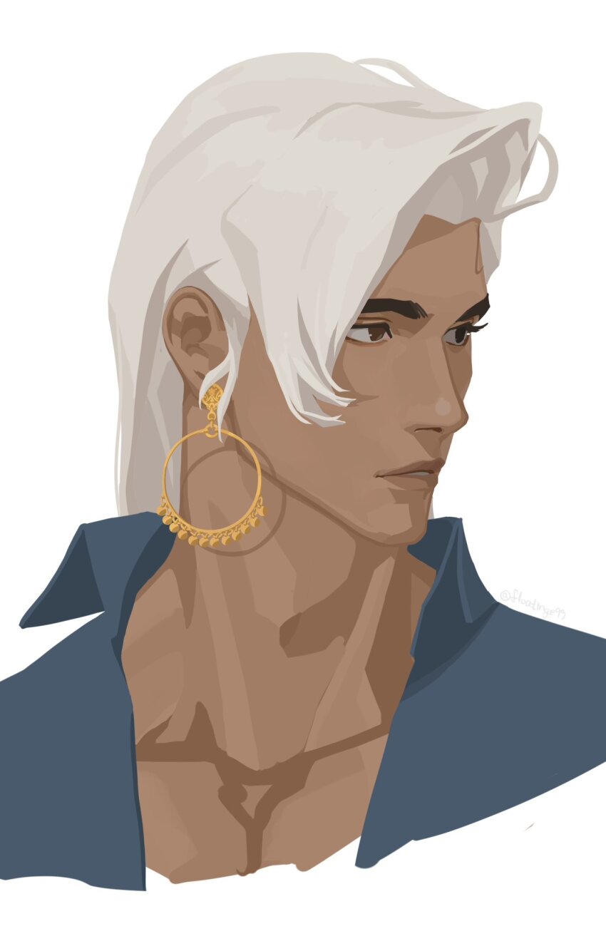 1boy blue_shirt brown_eyes closed_mouth collarbone collared_shirt commentary cropped_shoulders dark-skinned_male dark_skin ear_piercing earrings floatinge99 from_side highres hoop_earrings jewelry lifeweaver_(overwatch) long_hair looking_to_the_side male_focus open_clothes open_shirt overwatch overwatch_2 piercing shirt sideways_glance solo symbol-only_commentary white_hair wing_collar