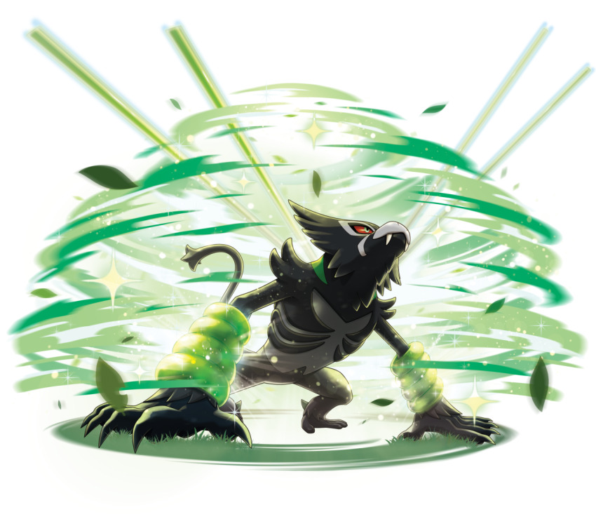 animal_focus artist_request closed_mouth colored_sclera fangs full_body gen_8_pokemon grass green_eyes jungle_healing_(pokemon) leaf mythical_pokemon nintendo no_humans official_art pokemon pokemon_(creature) pokemon_focus pokemon_move pokemon_swsh red_sclera solo sparkle third-party_source transparent_background zarude