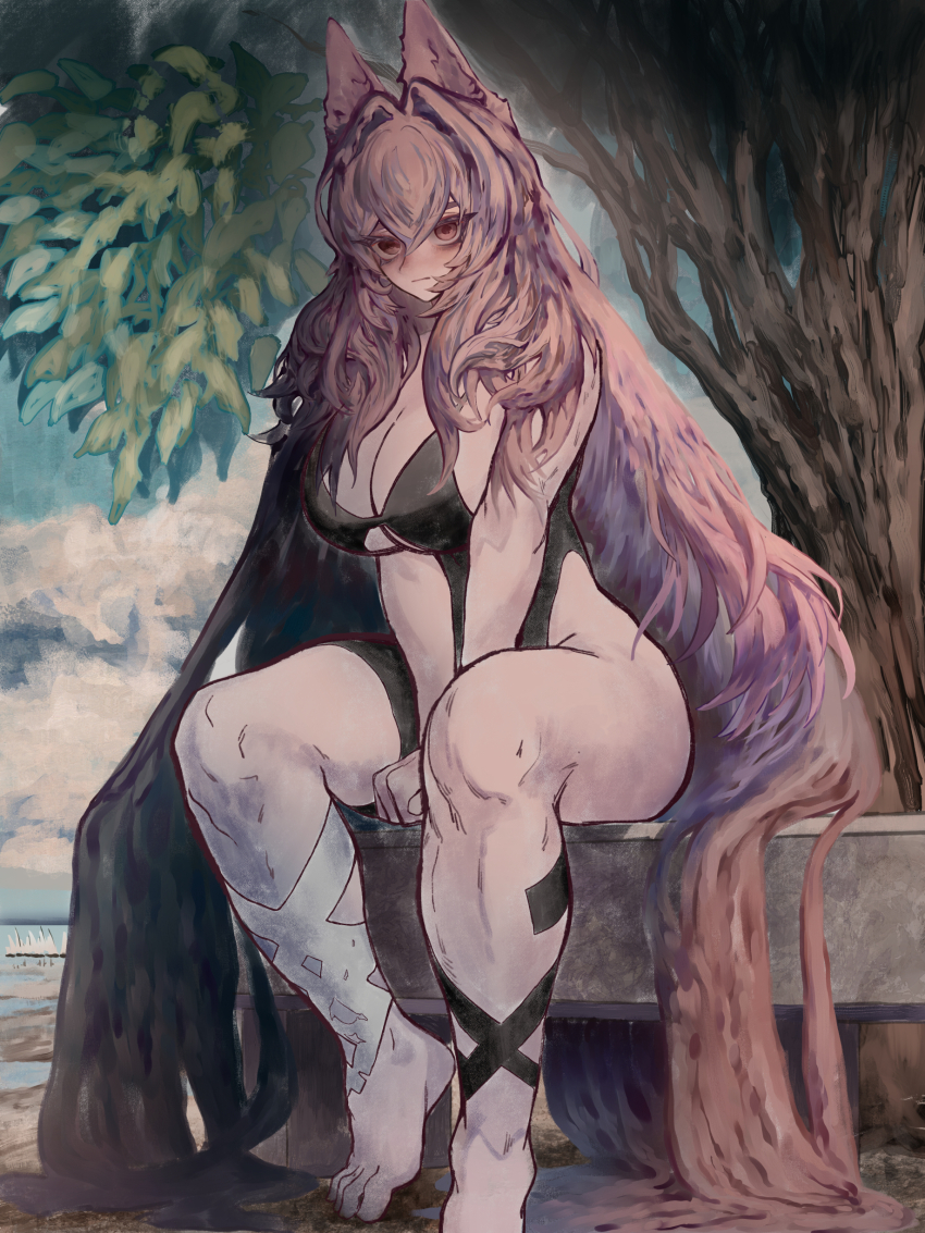 1girl absurdres animal_ears arknights black_one-piece_swimsuit blush breasts closed_mouth commentary english_commentary hair_between_eyes hair_intakes highres large_breasts long_hair one-piece_swimsuit outdoors pink_eyes pink_hair pozyomka_(arknights) sitting solo swimsuit thiccborb thighs tree wolf_ears wolf_girl