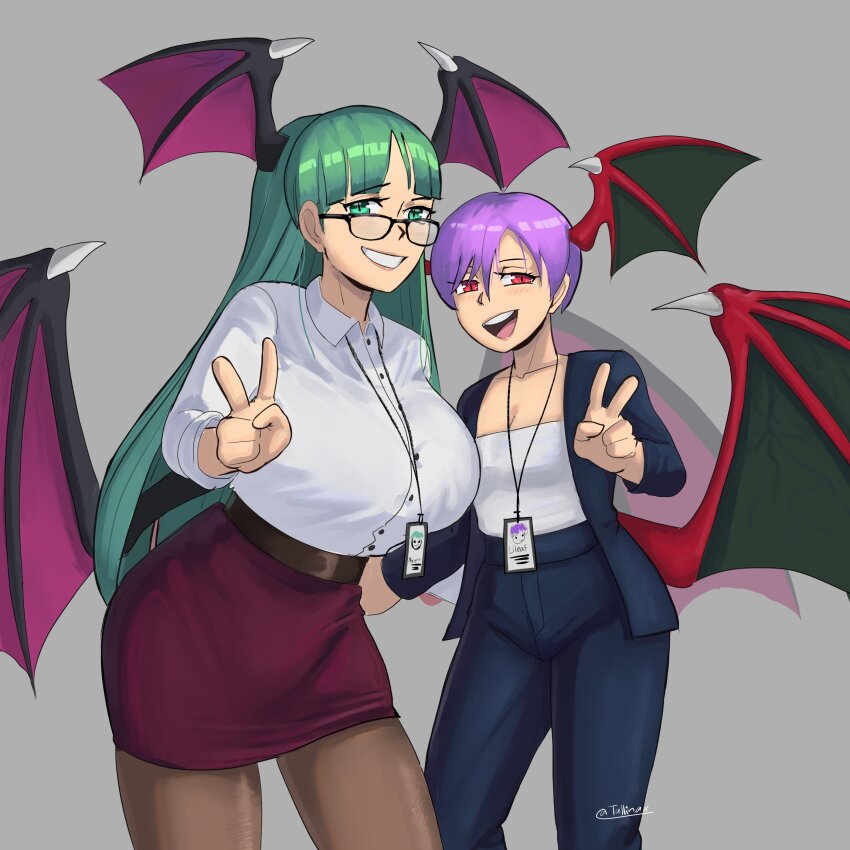 2girls absurdres artist_name bat_wings blue_hair breasts cleavage darkstalkers demon_girl demon_wings glasses green_eyes green_hair head_wings highres large_breasts lilith_(darkstalkers) long_hair looking_at_viewer low_wings morrigan_aensland multiple_girls name_tag office_lady pantyhose purple_wings red_eyes red_wings shirt short_hair signature skirt smile tallinax veins veiny_wings wings
