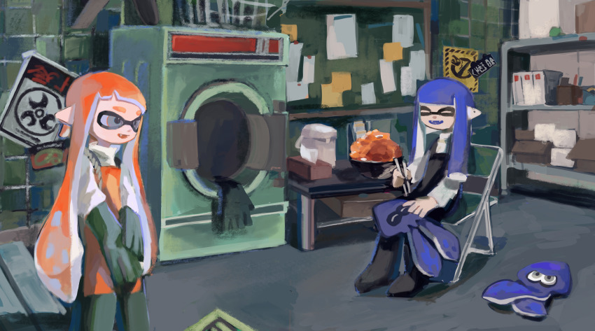 2girls ^_^ absurdres apron black_apron black_footwear blue_hair blunt_bangs boots bowl bulletin_board chair chopsticks closed_eyes facing_another fangs female_focus folding_chair food full_body gloves green_gloves green_pants grey_eyes happy highres hime_cut holding holding_chopsticks indoors inkling_girl inkling_player_character kaxk_x long_hair long_sleeves looking_at_another multiple_girls nintendo on_chair open_mouth orange_apron orange_hair pants pointy_ears poster_(object) roe salmon_run_(splatoon) shelf shirt sidelocks sitting smile splatoon_(series) splatoon_3 standing table tentacle_hair tentacles tile_wall tiles tissue tissue_box twintails very_long_hair washing_machine white_shirt