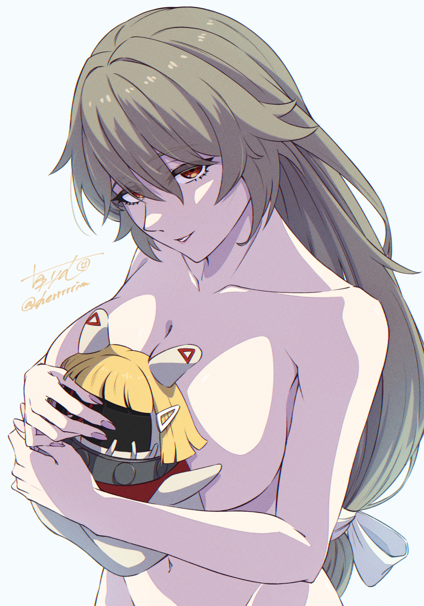 1girl absurdres alexandrina_sebastiane bangboo_(zenless_zone_zero) bow breasts cherrrim collarbone commentary drusilla_(zenless_zone_zero) grey_hair grin groin hair_bow head_tilt highres holding large_breasts looking_at_viewer navel nude parted_lips red_eyes simple_background smile upper_body white_background white_bow zenless_zone_zero