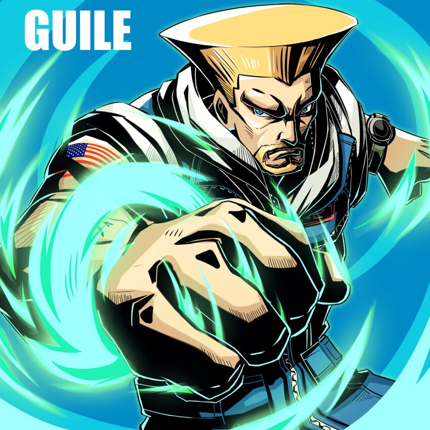 1boy american_flag beard blonde_facial_hair blonde_hair blue_background blue_eyes blue_jumpsuit character_name clenched_hands commentary_request energy facial_hair flattop guile highres incoming_attack jumpsuit kumo33 looking_to_the_side male_focus outstretched_arm shoulder_tattoo solo street_fighter street_fighter_6 tattoo watch wristwatch