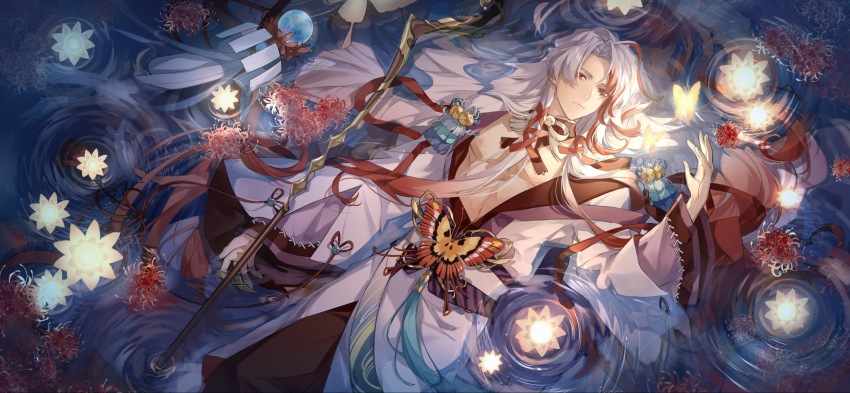 1boy afloat bell bug butterfly butterfly_ornament chinese_clothes chinese_commentary choker closed_mouth cowboy_shot curtained_hair e_(h798602056) expressionless flower gradient_hair hair_ribbon hand_up highres holding holding_staff insect jingle_bell long_hair male_focus meng_po_tea_(the_tale_of_food) multicolored_hair official_art open_clothes open_robe orange_butterfly orange_flower parted_bangs pectorals red_choker red_eyes red_flower red_hair red_ribbon ribbon ripples robe sidelocks solo spider_lily staff streaked_hair the_tale_of_food tress_ribbon water water_lily_flower white_hair white_robe wide_sleeves