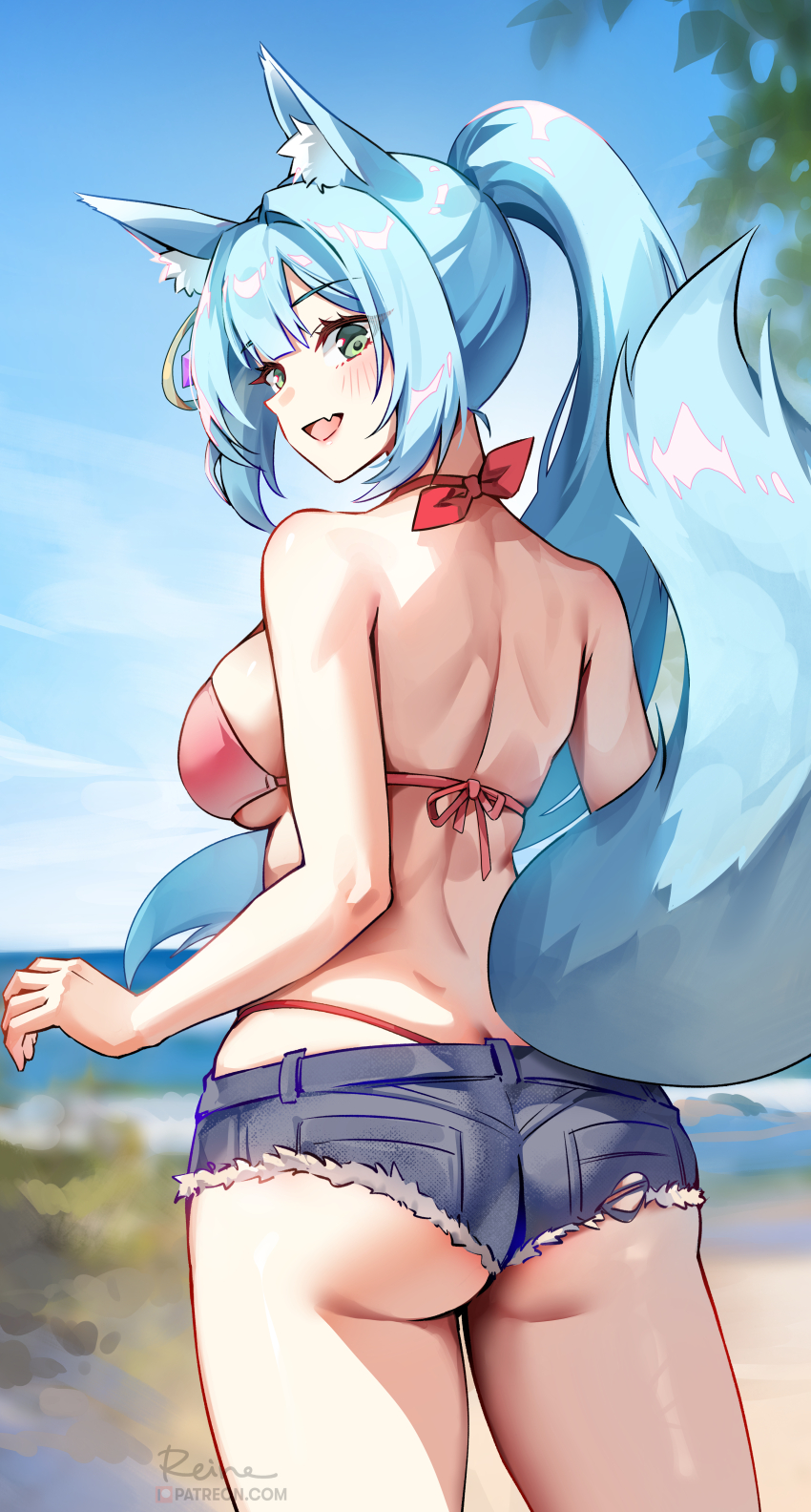1girl absurdres animal_ear_fluff animal_ears arm_up ass back bare_shoulders beach bikini blue_hair blue_shorts blue_sky blush breasts butt_crack fox_ears fox_tail foxyreine green_eyes highres large_breasts long_hair looking_at_viewer looking_back open_mouth original pink_bikini shore short_shorts shorts sister_reine_(foxyreine) sky smile solo swimsuit tail thighs