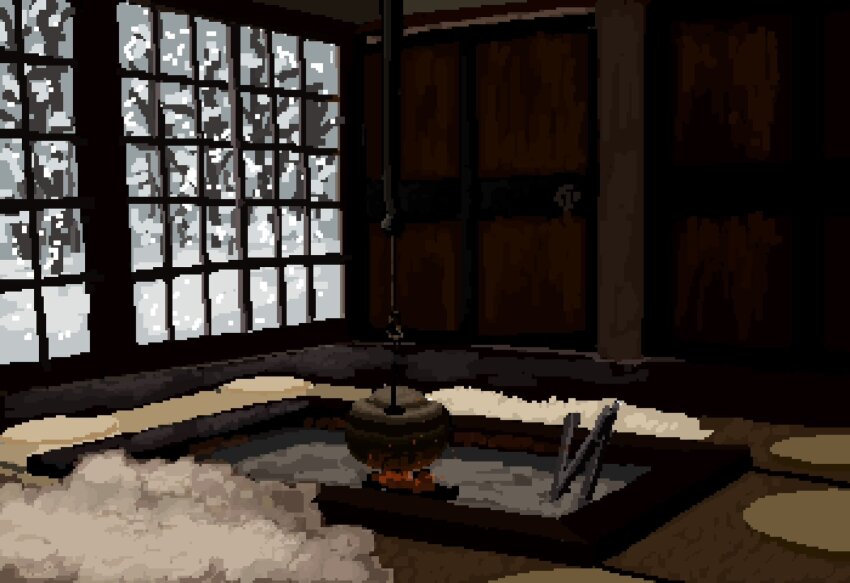 ashes bare_tree cabin condensation fire futon hanging_object highres hisachan55cute indoors irori_(hearth) jizaikagi no_humans original pixel_art scenery snowing teapot tree window window_fog winter