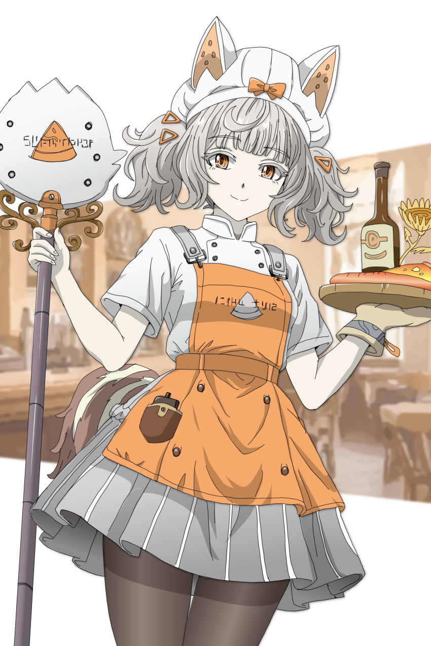1girl absurdres apron black_pantyhose blurry blurry_background bottle closed_mouth colored_eyelashes commentary food grey_hair grey_skirt hair_ornament hat hat_with_ears highres holding looking_at_viewer margherita_(wuthering_waves) mittens orange_eyes oven_mitts pantyhose shirt short_sleeves short_twintails single_mitten skirt smile solo tail tray twintails white_eyelashes white_hat white_shirt wuthering_waves yoru_(tokumori_umaai)