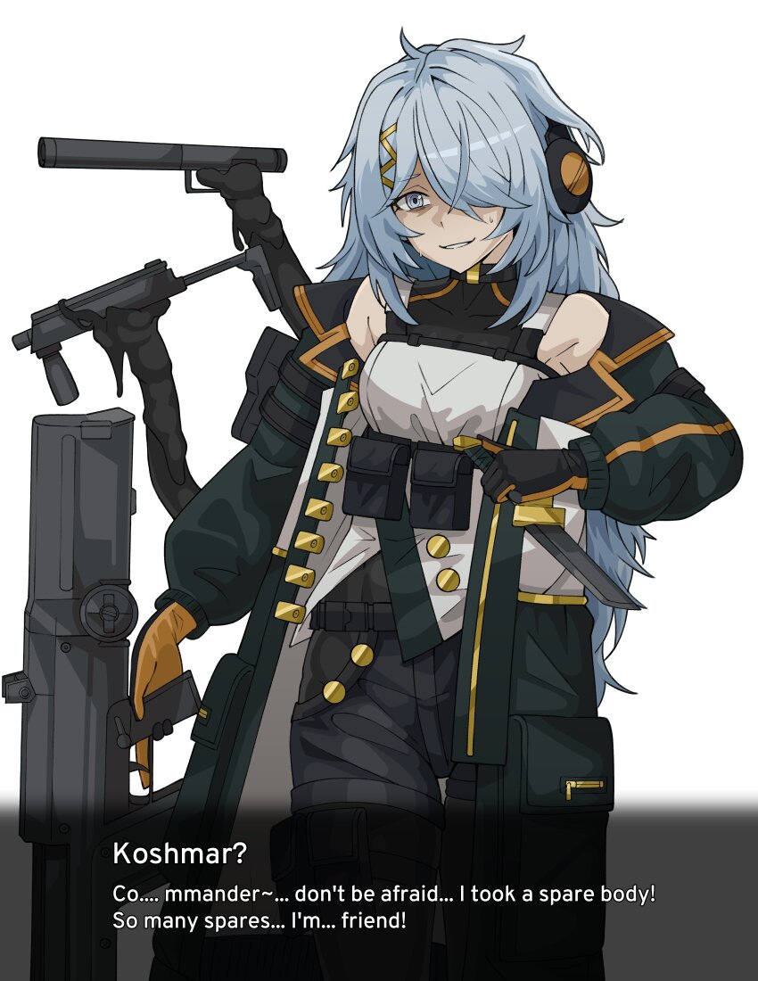 1girl absurdres alternate_costume b&amp;t_mp9 black_gloves black_pants blue_eyes blue_hair bolt_action character_name coat commentary cowboy_shot english_commentary english_text girls&#039;_frontline girls&#039;_frontline_2:_exilium gloves green_coat gun hair_ornament hair_over_one_eye handgun highres holding holding_gun holding_knife holding_weapon knife koshmar_(girls&quot;frontline_2) long_hair looking_at_viewer off_shoulder open_clothes open_coat orange_gloves pants parted_lips simple_background smile solo submachine_gun sweat tentacles trigger_discipline two-tone_gloves velkavelkavelka weapon welrod white_background