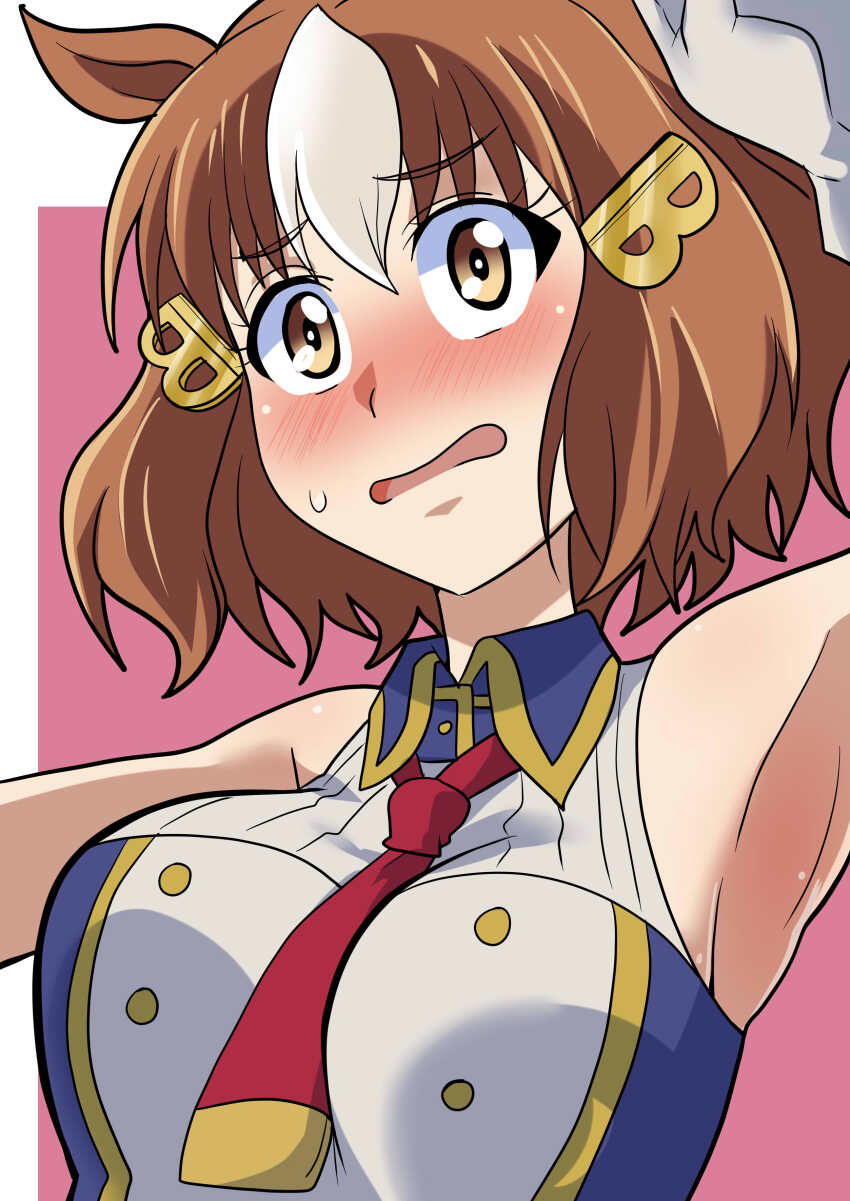 1girl absurdres belno_light_(umamusume) blush brown_eyes brown_hair collared_shirt frown gloves hair_ornament highres letter_hair_ornament looking_at_viewer multicolored_hair necktie open_mouth pink_background red_necktie shirt short_hair sleeveless sleeveless_shirt solo sweatdrop two-tone_hair umamusume umamusume:_cinderella_gray upper_body wakku_kan white_gloves white_hair white_shirt