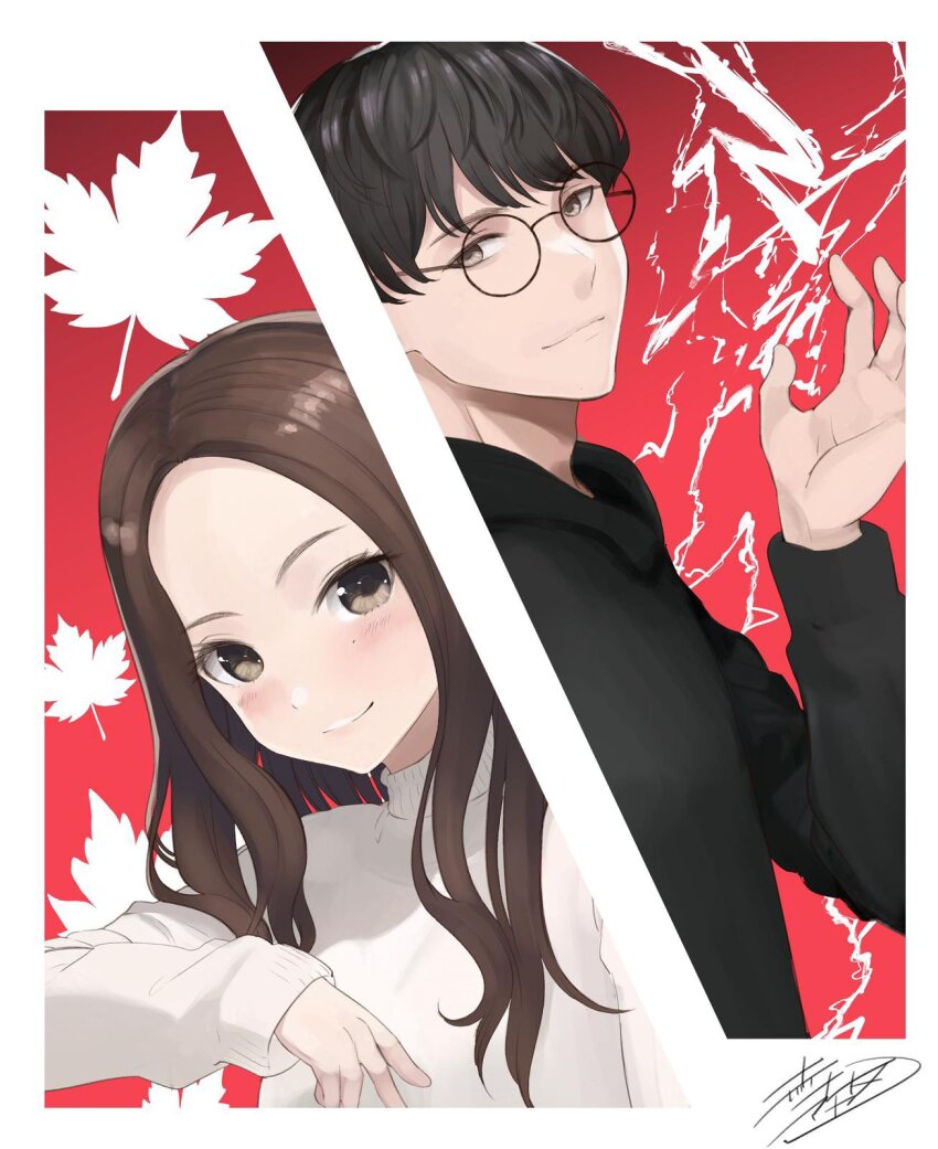 1boy 1girl akasaka_aka artist_name black-framed_eyewear black_hair black_hoodie brown_hair closed_mouth commentary english_commentary esports glasses gradient_background hand_up highres hood hood_down hoodie husband_and_wife kaede_shymko leaf lensless_glasses light_blush light_smile long_sleeves looking_at_viewer maple_leaf messy_hair no_bangs real_life red_background ribbed_collar ribbed_cuffs round_eyewear second-party_source sideways_glance signature smile straight-on straight_hair sweater thick_eyebrows translated turtleneck turtleneck_sweater tyson_ngo yellow_eyes