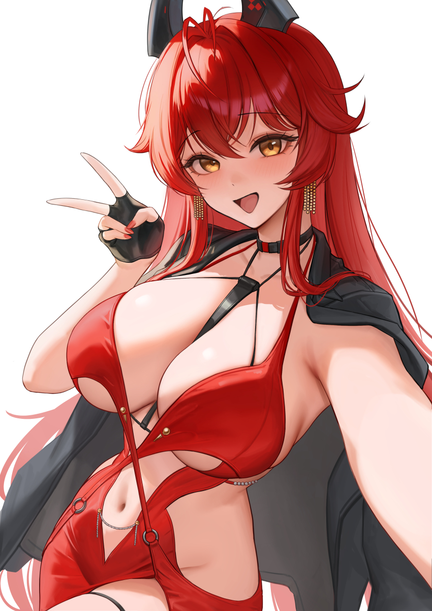 1girl :d absurdres black_choker black_jacket blush breasts choker collarbone dress earrings fingerless_gloves gloves goddess_of_victory:_nikke heine_(haloo1101) highres horns jacket jacket_on_shoulders jewelry large_breasts long_hair looking_at_viewer nail_polish navel official_alternate_costume open_mouth red_dress red_hair red_hood_(nikke) red_hood_(nonsense_red)_(nikke) red_nails simple_background skindentation smile solo thigh_strap white_background yellow_eyes