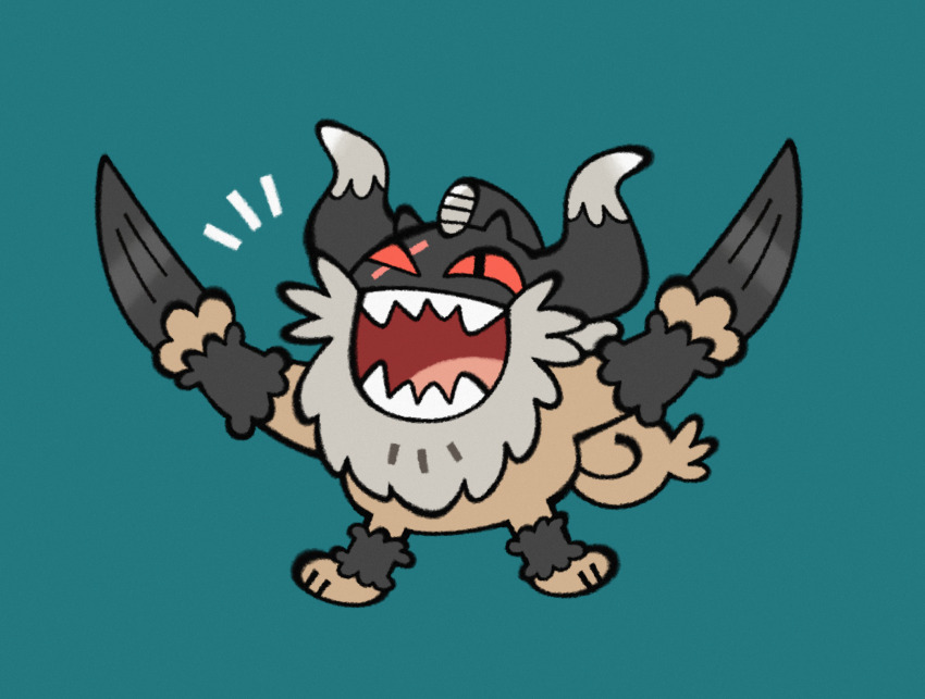 aqua_background billspooks claws commentary english_commentary flat_color full_body gen_8_pokemon highres horns nintendo no_humans notice_lines open_mouth perrserker pokemon pokemon_(creature) pokemon_focus scar scar_across_eye scar_on_face sharp_teeth simple_background smile solo teeth