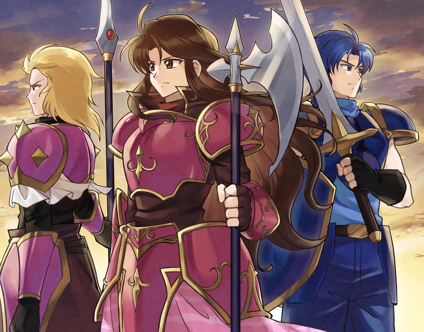 1girl 2boys absurdres armor arran_(fire_emblem) betabetamaru blonde_hair blue_armor blue_eyes brown_hair cloud fire_emblem fire_emblem:_mystery_of_the_emblem halberd highres holding holding_polearm holding_sword holding_weapon multiple_boys nintendo pauldrons pink_armor polearm red_eyes samson_(fire_emblem) sheena_(fire_emblem) shield shoulder_armor spiked_pauldrons standing sunset sword weapon