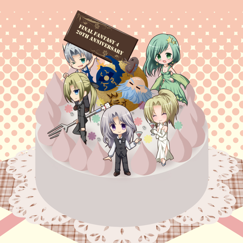 1990s_(style) 2girls 5boys beard black_ribbon blonde_hair blue_eyes bow bowtie cain_highwind cake cecil_harvey chibi cup dress dress_shirt drinking_glass edward_geraldine elbow_gloves closed_eyes facial_hair final_fantasy final_fantasy_iv food fork formal_clothes fusoya glass gloves golbez green_eyes green_hair grey_hair hair_ornament happy helmet highres long_hair mikan_yuzu multiple_boys multiple_girls open_mouth pants ponytail purple_eyes ribbon rosa_farrell rydia_(ff4) shirt sign smile vest white_gloves white_shirt wine_glass wink yuzuki_(white_snow)