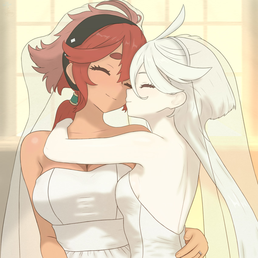 2girls absurdres arms_around_neck bare_arms bare_shoulders black_hairband bluelikesfrens bridal_veil closed_eyes closed_mouth commentary dark-skinned_female dark_skin dress english_commentary gundam gundam_suisei_no_majo hairband hand_on_another&#039;s_waist highres jewelry long_hair miorine_rembran multiple_girls off-shoulder_dress off_shoulder ponytail red_hair ring smile suletta_mercury thick_eyebrows veil wedding_ring white_dress white_hair wife_and_wife yuri