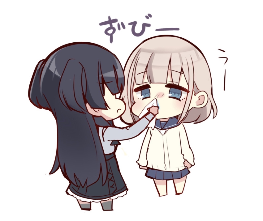 2girls barefoot black_hair black_ribbon black_skirt blowing_nose blue_eyes blue_sailor_collar blue_skirt blush brown_hair cardigan chibi commentary cross-laced_clothes cross-laced_skirt from_behind grey_shirt grey_thighhighs haru_(tkmm_h12) high-waist_skirt highres holding_tissue idolmaster idolmaster_shiny_colors jirai_kei long_hair long_sleeves mayuzumi_fuyuko multiple_girls neck_ribbon nose_blush pleated_skirt ribbon sailor_collar school_uniform serafuku serizawa_asahi shirt short_hair skirt snot thighhighs tissue two_side_up white_background yellow_cardigan