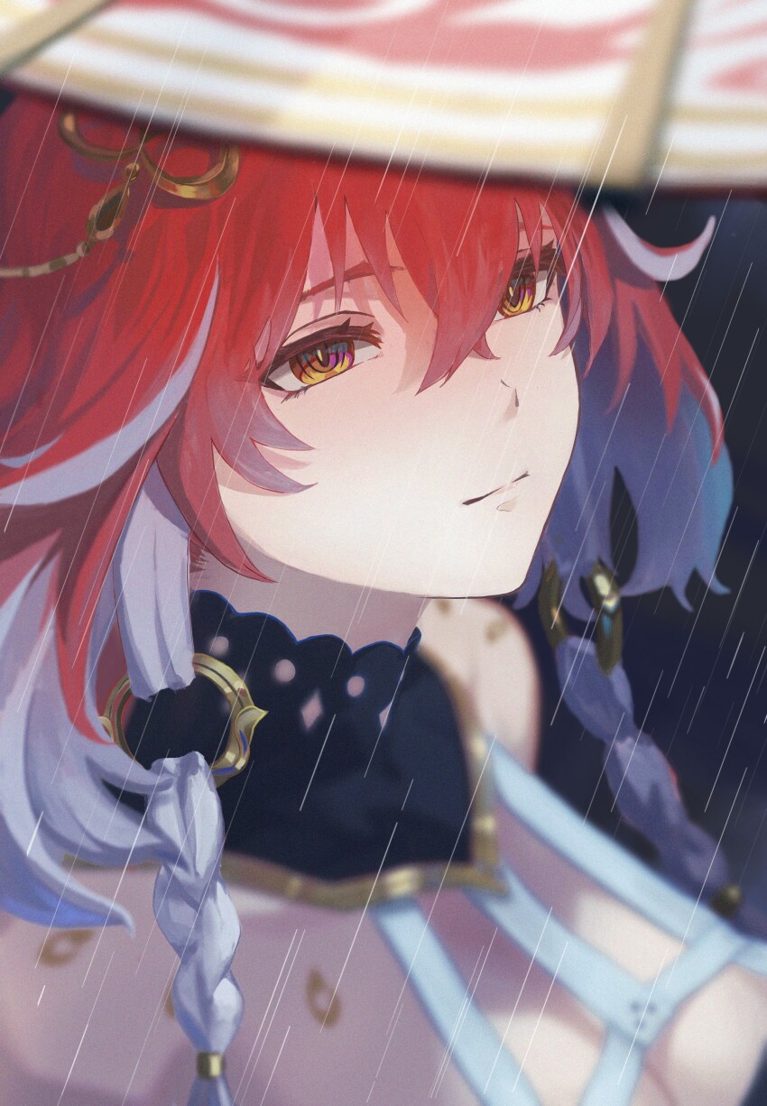 1girl absurdres bare_shoulders braid breasts changeli changli_(wuthering_waves) cleavage closed_mouth hair_between_eyes hair_ornament highres long_hair multicolored_hair rain red_hair smile solo twin_braids white_hair wuthering_waves yellow_eyes