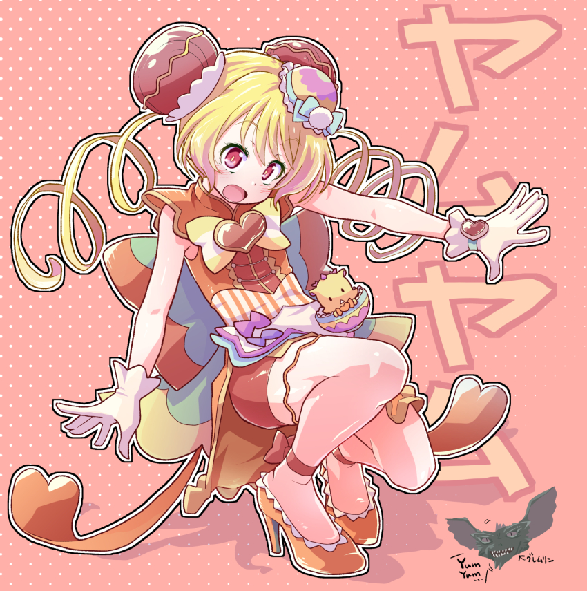 1girl apron bike_shorts blonde_hair blush bow bowtie bright_pupils brooch bun_cover commentary_request cure_yum-yum delicious_party_precure double_bun dress drill_hair gloves gremlin_(gremlins) gremlins_(film) hair_bun hair_ornament hanamichi_ran heart heart_brooch high_heels highres jewelry kakkuu_(clutch_shot_king) long_hair looking_at_viewer mem-mem_(precure) open_mouth orange_dress orange_shoes outline precure raised_eyebrows red_background red_eyes shadow shoes sleeveless sleeveless_dress smile solo squatting translation_request twin_drills waist_apron white_gloves white_outline white_pupils yellow_bow yellow_bowtie