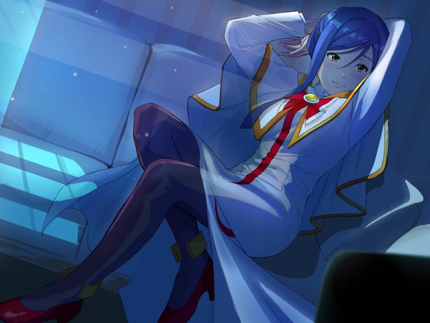 1girl aika_granzchesta andanden aria_(manga) arms_up blue_hair blush bow bowtie brown_eyes capelet closed_mouth couch dress dutch_angle full_body gold_trim hair_between_eyes high_heels highres himeya_company_uniform impossible_clothes impossible_dress indoors legs long_dress long_sleeves looking_at_viewer night on_couch pantyhose purple_pantyhose red_bow red_bowtie red_footwear short_hair_with_long_locks side_slit solo white_capelet white_dress
