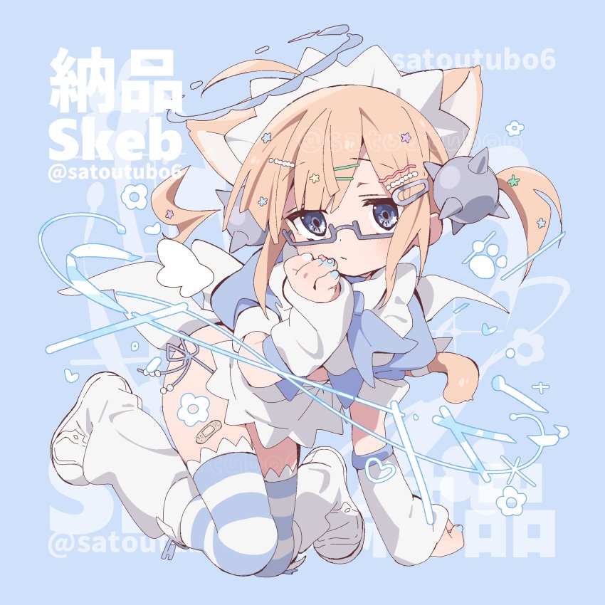 1girl absurdres ahoge animal_ears apron arm_support arm_warmers artist_name ascot bandaid bandaid_on_leg bandaid_on_thigh bib bikini blue_ascot blue_background blue_eyes blue_nails blue_shirt blue_thighhighs boots borrowed_character cat_ears cat_girl cat_tail closed_mouth commentary commission cropped_shirt detached_ahoge flower full_body glasses hair_ornament hairclip halo hand_on_own_face hand_up heart highres kneeling leaning_forward looking_at_viewer maid_headdress medium_hair nail_polish orange_hair original puffy_short_sleeves puffy_sleeves rectangular_eyewear satou_asuka semi-rimless_eyewear shirt short_sleeves short_twintails side-tie_bikini_bottom sidelocks skeb_commission solo spike_ball_hair_ornament striped_clothes striped_thighhighs swimsuit symbol-only_commentary tail thighhighs twintails twitter_username under-rim_eyewear waist_apron watermark white_apron white_boots