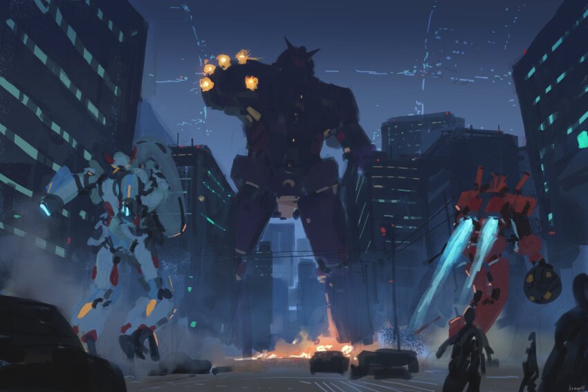 absurdres armor ball_and_chain_(weapon) battle black_armor building car city colony_interior finger_cannon fire from_behind gquuuuuux gundam gundam_gquuuuuux highres holding holding_flail holding_shield holding_weapon icemarv14 mecha mecha_focus mobile_suit motor_vehicle outdoors outstretched_arm outstretched_hand powering_up psyco_gundam red_armor red_gundam road robot shield space_habitat street thrusters v-fin weapon white_armor