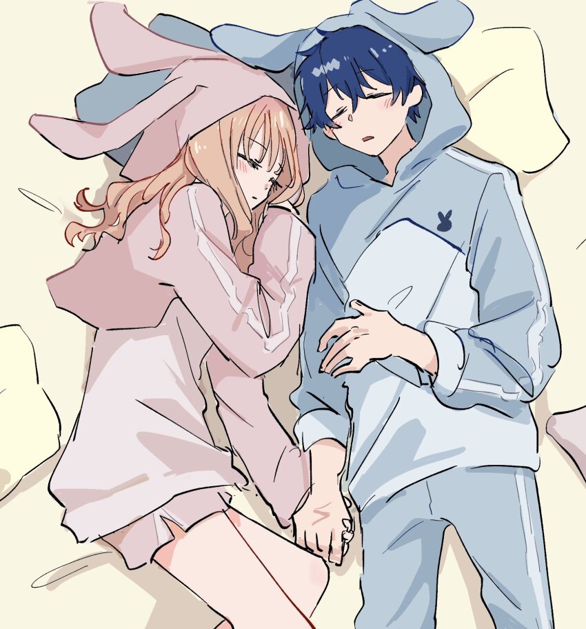 1boy 1girl animal_hood asanaka_yomogi bed blue_hair blue_pajamas brown_hair chinpira couple gridman_universe gridman_universe_(movie) hetero highres holding_hands hood long_hair long_sleeves minami_yume pajamas pillow pink_pajamas rabbit_hood short_hair sleeping sleepwear ssss.dynazenon