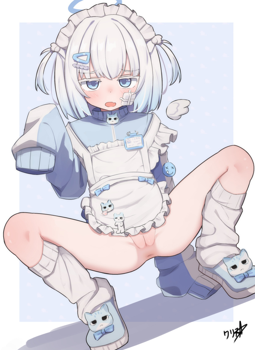 1girl absurdres anus apron blue_eyes boppin commentary commission english_commentary halo highres indie_virtual_youtuber jacket large_variant_set loli looking_at_viewer loose_socks maid maid_headdress nekoha_koron open_mouth pixiv_commission pussy sleeves_past_fingers sleeves_past_wrists socks solo squatting two_side_up uncensored unconventional_maid variant_set virtual_youtuber white_apron white_socks