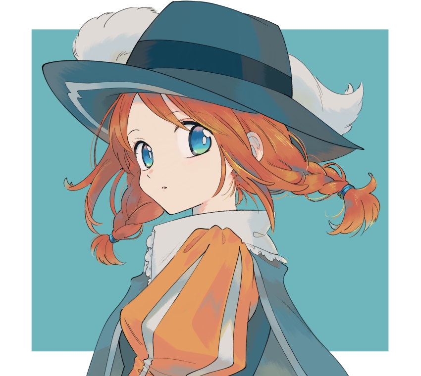 1girl absurdres alternate_costume aqua_eyes border braid bright_pupils cloak collared_shirt commentary from_side green_background green_cloak green_hat hat highres ittumozzz jacket looking_to_the_side nintendo orange_hair orange_jacket pokemon pokemon_colosseum puffy_sleeves rui_(pokemon) shirt solo twin_braids twintails upper_body white_border white_pupils white_shirt
