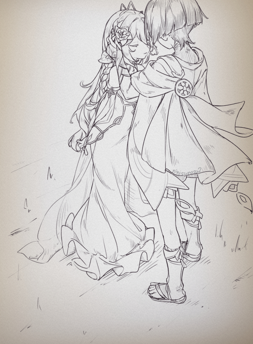 1boy 1girl adapted_costume adjusting_another&#039;s_hair aged_up alternate_hairstyle arm_behind_back arm_cutout armlet bare_shoulders birthmark blunt_ends bodysuit cape closed_eyes closed_mouth detached_sleeves dress eyelashes facing_another flower frilled_skirt frills full_body furisode genshin_impact hair_between_eyes hair_down hair_flower hair_intakes hair_ornament half_crown_braid hetero highres japanese_clothes jewelry kimono leaf leaf_hair_ornament leaning_forward leg_warmers long_hair mitsudomoe_(shape) monochrome nahida_(genshin_impact) ninisunosu2 rope sandals scaramouche_(genshin_impact) sidelocks sketch skirt standing stirrup_legwear toeless_footwear toeless_legwear toes tomoe_(symbol) twitter_username wanderer_(genshin_impact) zouri