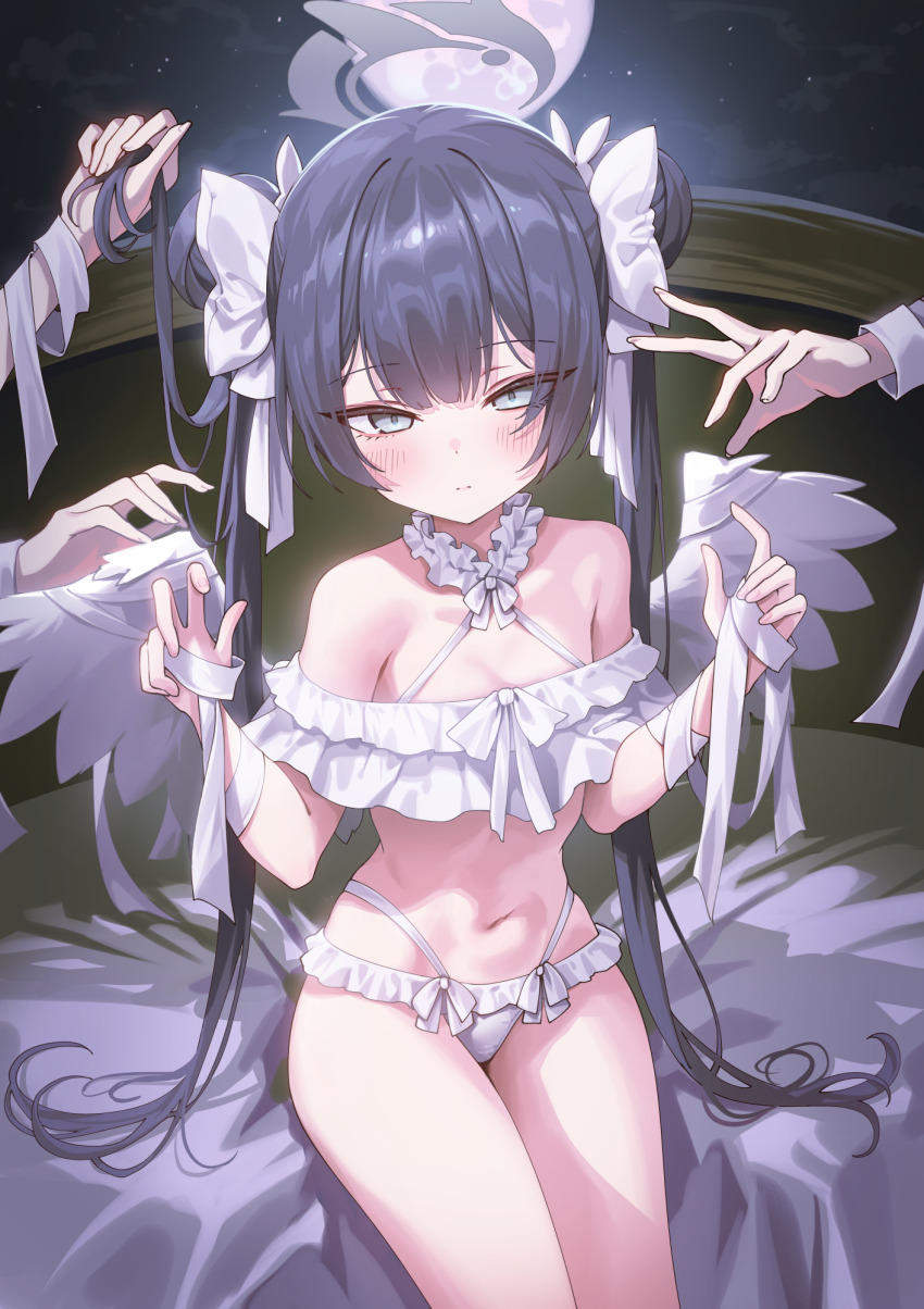 1girl alternate_costume bandaged_arm bandages bare_shoulders bikini black_hair blue_archive blush closed_mouth double_bun flat_chest frilled_bikini frills grey_eyes grey_halo hair_bun halo highres holding_another&#039;s_hair kisaki_(blue_archive) long_hair navel off-shoulder_bikini off_shoulder sidelocks sitting stomach swimsuit twintails white_bikini white_wings wings yampa