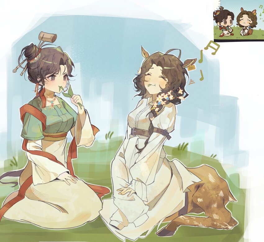 2girls ^_^ animal_ears arm_belt beamed_sixteenth_notes belt black_eyes black_hair blue_sky border brown_belt brown_hair centauroid chinese_clothes chinese_hairpin closed_eyes day deer_ears deer_girl deer_tail dipper ear_tag eating fading_border full_body green_shirt hair_bun hanfu highres holding holding_leaf jessica_(reverse:1999) jiu_niangzi layered_sleeves leaf long_braid long_hair long_skirt long_sleeves low_ponytail mouth_hold multiple_girls musical_note on_grass outdoors ponytail popo_07274 quarter_note red_shawl reference_inset reverse:1999 seiza shawl shirt short_over_long_sleeves short_sleeves single_side_bun sitting skirt sky stalk_in_mouth tail taur v-shaped_eyebrows white_shirt yellow_skirt