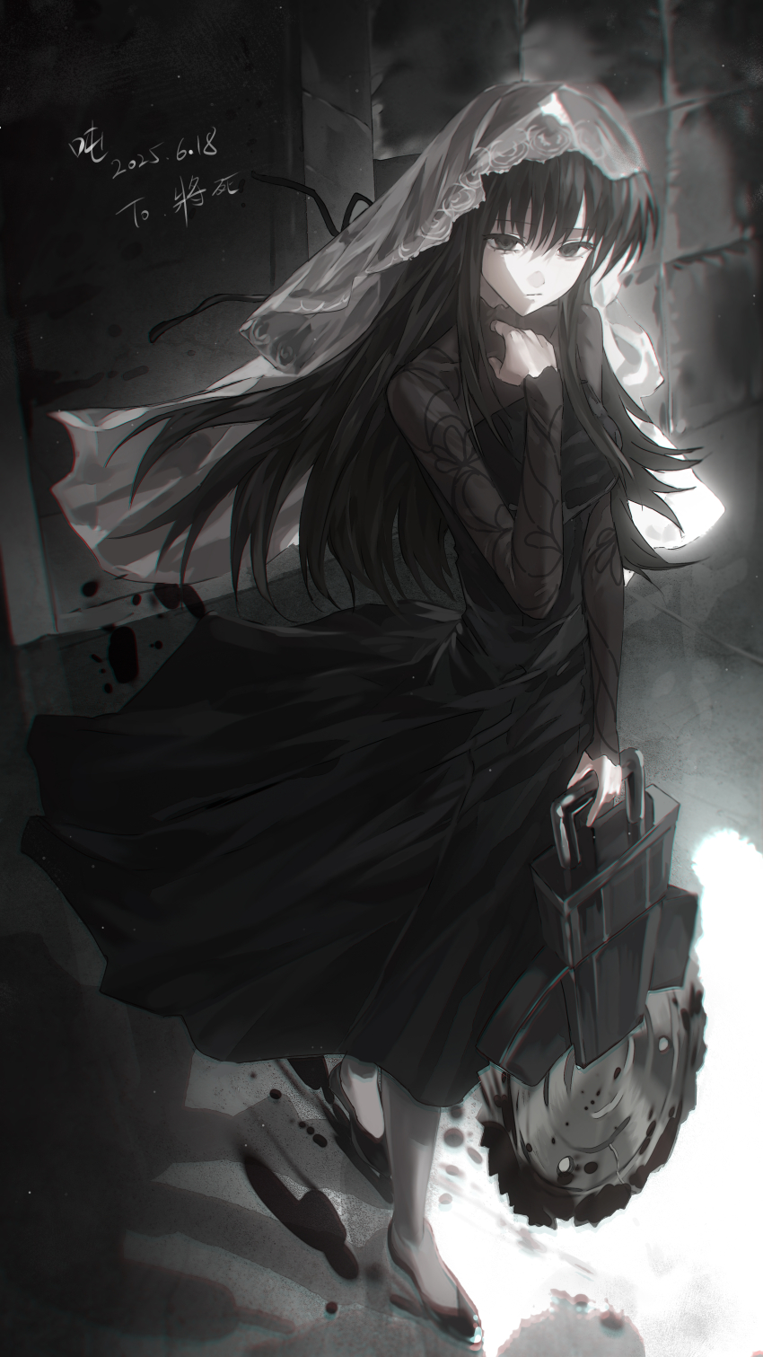 1girl absurdres black_dress black_hair black_shoes character_request circular_saw closed_mouth copyright_request dress expressionless grey_eyes highres holding_saw long_hair looking_at_viewer saw shoes sidelocks socks solo turtleneck turtleneck_dress veil white_socks white_veil zadun