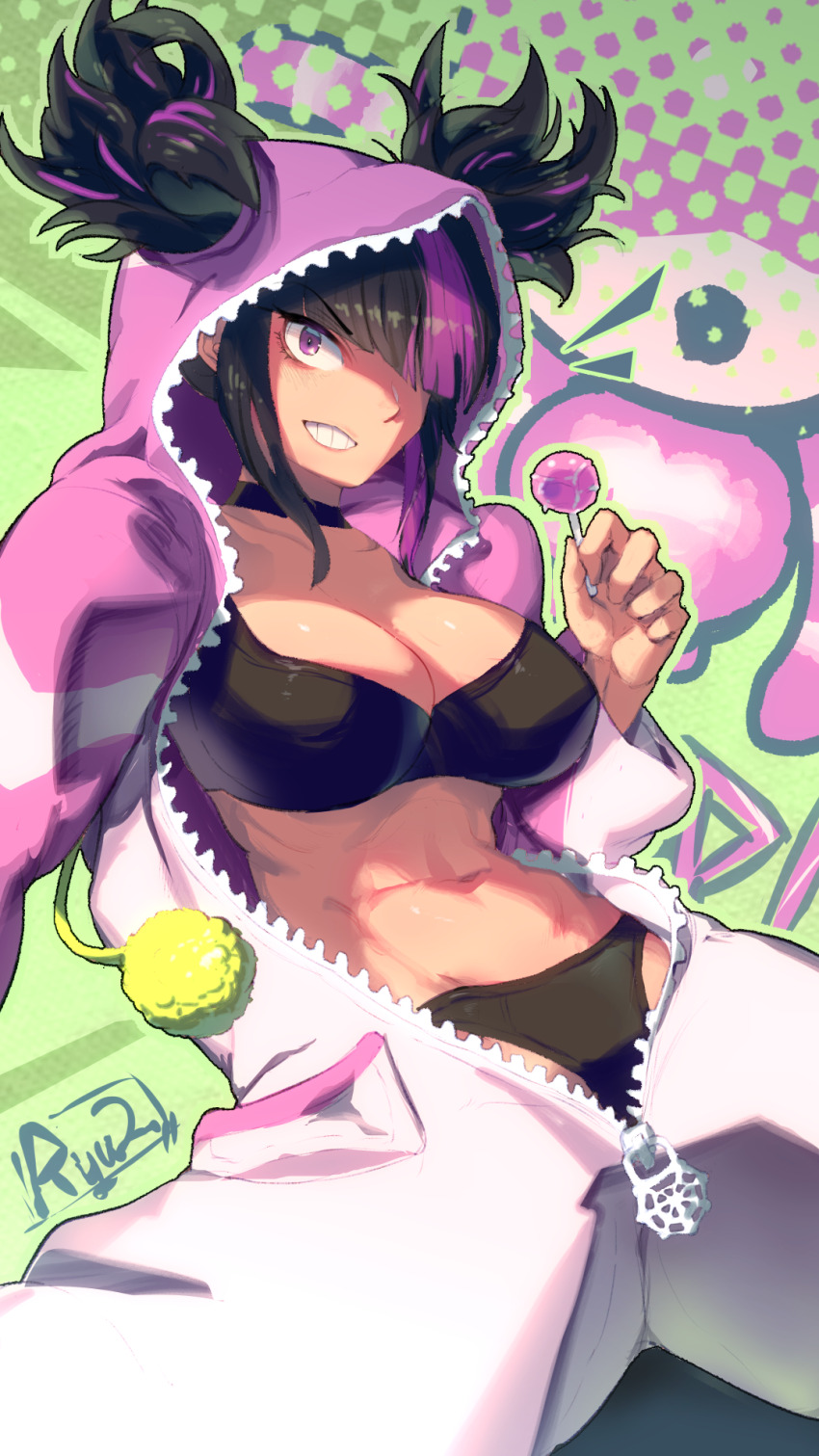 1girl arm_support black_bra black_hair black_panties bra breasts candy capcom collarbone cosplay cowboy_shot female_focus food green_background grin hair_over_one_eye han_juri hand_up kigurumi large_breasts leaning_back lollipop looking_at_viewer messy_hair multicolored_hair official_alternate_costume onesie open_clothes open_onesie panties pink_background pink_eyes pink_hair pink_onesie ryuji_(red-truth) short_hair sitting smile smug solo spread_legs streaked_hair street_fighter street_fighter_6 teeth twintails two-tone_background two-tone_hair underwear unzipped zipper