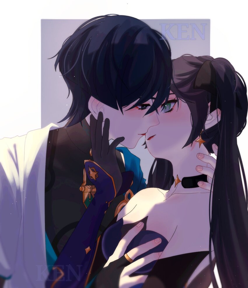 1boy 1girl artist_name black_bodysuit black_bow black_choker black_eyes black_gloves black_hair blue_cape blue_kimono blue_sleeves blunt_ends blush bodysuit border bow breasts cape choker collarbone couple covered_collarbone detached_sleeves ear_blush earrings elbow_gloves eye_contact eyelashes eyeliner eyeshadow face-to-face french_kiss genshin_impact gloves gold gold_trim green_eyes grey_background hair_bow half-closed_eyes han&#039;eri hand_on_another&#039;s_face hand_on_another&#039;s_nape hand_up hetero highres japanese_clothes jewelry kimono kiss layered_kimono layered_sleeves leotard long_hair looking_at_another makeup medium_breasts mona_(genshin_impact) moriko_ken11 open_clothes open_kimono purple_leotard purple_sleeves red_eyeliner red_eyeshadow saliva saliva_trail scaramouche_(genshin_impact) short_sleeves shoulder_peek sidelocks star_(symbol) star_choker star_earrings star_ornament star_print strapless strapless_leotard tongue tongue_out tsurime twintails wanderer_(genshin_impact) white_border white_kimono white_sleeves