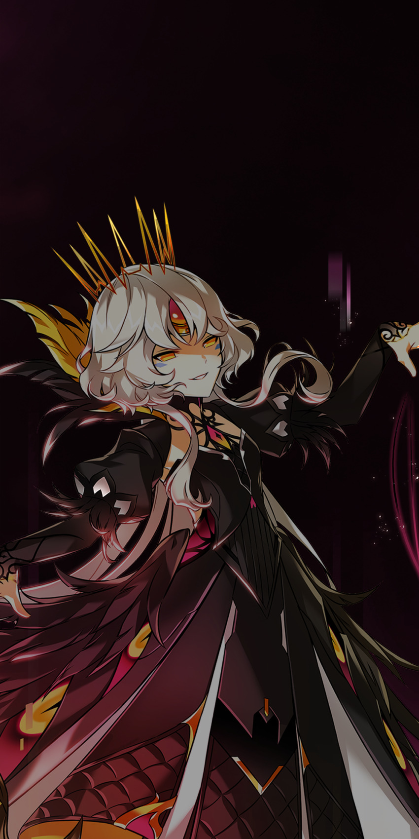 1girl black_background black_dress cowboy_shot crown dress elsword eve_(elsword) evil_smile eyelashes forehead_jewel gem half-closed_eyes highres hwansang jewelry juliet_sleeves long_dress long_sleeves looking_at_viewer necklace official_art orange_gemstone outstretched_hand parted_lips puffy_sleeves second-party_source shaded_face short_hair_with_long_locks sidelocks simple_background smile solo standing third_eye_on_chest white_hair yellow_crown yellow_eyes