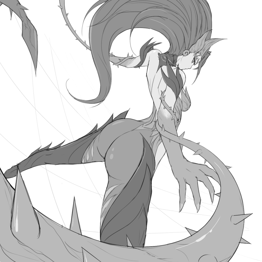 1girl ass bad_id bad_pixiv_id female_focus from_behind greyscale highres league_of_legends long_hair looking_back monochrome monster_girl plant plant_girl solo vines waero zyra