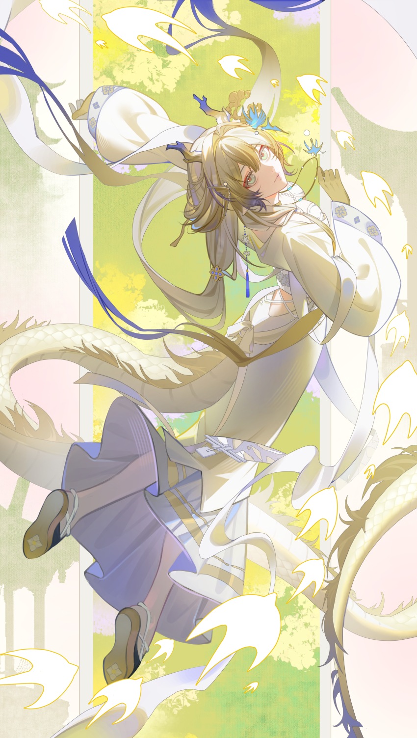 1girl absurdres ambience_synesthesia arknights blonde_hair blue_hair colored_extremities colored_tips dress eastern_dragon_horns eastern_dragon_tail eyeshadow flower from_behind full_body gloves gradient_hair green_eyes hair_ornament highres holding horns long_hair long_sleeves looking_at_viewer looking_back makeup multicolored_hair red_eyeshadow red_pupils shoes shu_(arknights) shu_(bingwenyuyou)_(arknights) solo tail utaki_(z711425986) very_long_hair white_dress white_hair wide_sleeves yellow_eyes