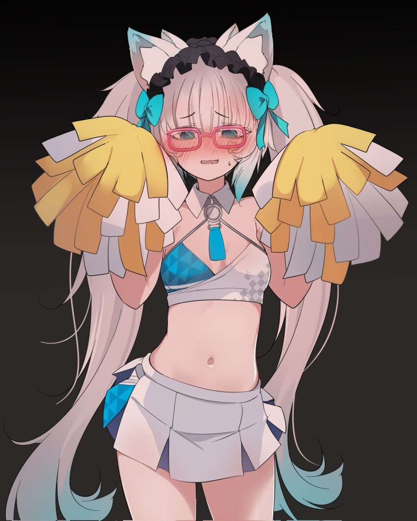 1girl @_@ animal_ear_fluff animal_ears armpit_crease bare_arms black_background black_hairband blue_archive blue_bow blue_eyes blue_hair blush bow breasts cheerleader commentary contrapposto corrupted_twitter_file cowboy_shot criss-cross_halter detached_collar embarrassed facial_mark frilled_hairband frills frown glasses gradient_hair hair_bow hairband halterneck highres holding holding_pom_poms indie_virtual_youtuber kana616 long_hair looking_at_viewer midriff millennium_cheerleader_outfit_(blue_archive) miniskirt multicolored_hair multiple_hair_bows navel nose_blush pink-framed_eyewear pleated_skirt pom_pom_(cheerleading) pom_poms skirt small_breasts solo spanish_commentary sports_bra star_(symbol) star_facial_mark sticker_on_face stomach sweat thighs twintails two-tone_skirt very_long_hair virtual_youtuber wavy_mouth white_hair white_skirt white_sports_bra wing_collar yumi_koburako