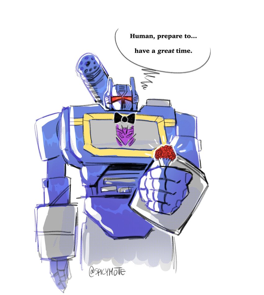 1boy alien black_bow black_bowtie bouquet bow bowtie decepticon english_text flower highres holding holding_bouquet notmotte red_visor robot science_fiction shoulder_cannon soundwave_(transformers) standing transformers