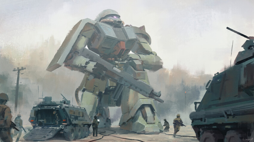 6+boys armored_personnel_carrier armored_vehicle artist_name cable cloud cloudy_sky commentary english_commentary gun gundam gundam_0080 highres holding holding_gun holding_weapon icemarv14 mecha mecha_focus mobile_suit motor_vehicle multiple_boys on_one_knee one-eyed outdoors pink_eyes robot science_fiction shoulder_spikes sky smoke soldier spikes utility_pole walking weapon zaku_ii_fz_kai
