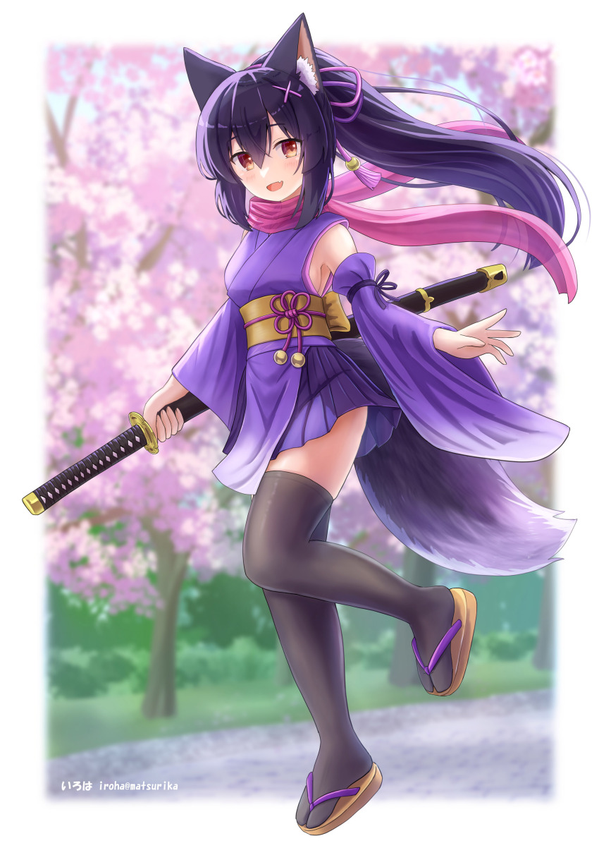 1girl :d absurdres animal_ears bare_shoulders black_thighhighs blurry blurry_background blush breasts brown_eyes brown_sandals cherry_blossoms commentary_request day depth_of_field detached_sleeves fang floating_hair hair_between_eyes hair_ornament hairclip highres holding holding_sheath iroha_(iroha_matsurika) japanese_clothes katana kimono kunoichi-chan_(iroha_(iroha_matsurika)) long_hair long_sleeves looking_at_viewer medium_breasts ninja obi open_mouth original ponytail purple_hair purple_kimono purple_sleeves sandals sash sheath sheathed sideboob sleeveless sleeveless_kimono smile solo sword tail thighhighs tree very_long_hair weapon wide_sleeves wolf_ears wolf_girl wolf_tail x_hair_ornament zouri
