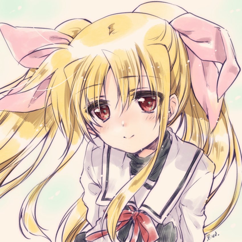 1girl black_shirt blonde_hair blush closed_mouth commentary dress fate_testarossa female_focus hair_ribbon highres kuroi_mimei light_blush light_particles long_hair long_sleeves lyrical_nanoha magical_girl mahou_shoujo_lyrical_nanoha neck_ribbon pink_ribbon red_eyes red_ribbon ribbon sailor_collar school_uniform seishou_elementary_school_uniform shirt smile solo twintails white_dress