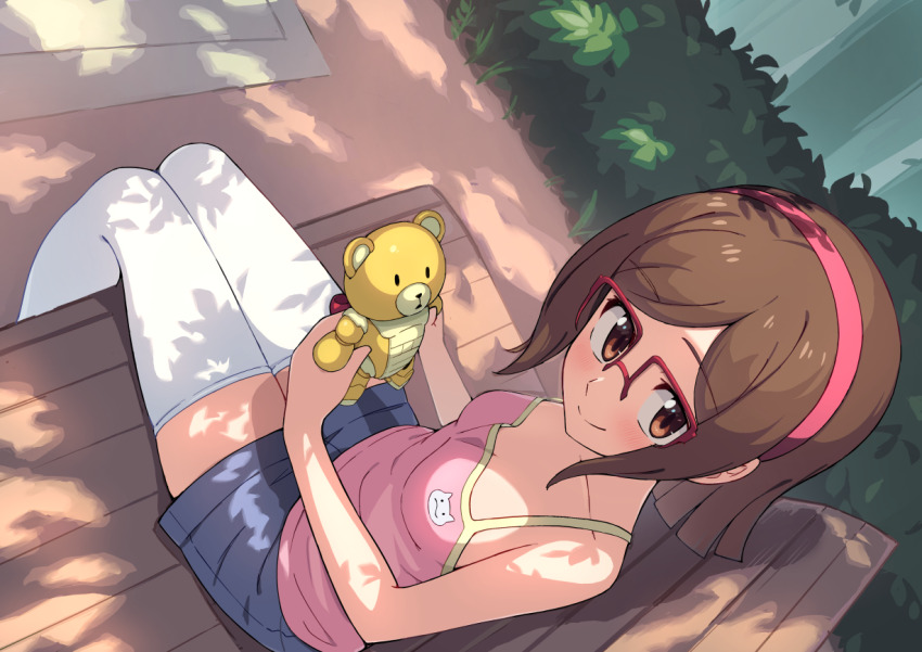 1girl bare_arms bare_shoulders beargguy_iii bench blue_skirt blunt_ends breasts brown_eyes brown_hair bush camisole closed_mouth collarbone dappled_sunlight denim denim_skirt from_above from_side glasses gundam gundam_build_fighters hairband hiyaya_(kochi_michikaze) holding holding_toy kousaka_china legs_together light_blush looking_at_viewer looking_to_the_side medium_hair no_bra on_bench outdoors parted_bangs pink_camisole red_hairband short_shorts shorts sidelocks sitting skirt small_breasts smile solo stuffed_animal stuffed_toy sunlight teddy_bear thighhighs toy white_thighhighs wooden_bench yellow_trim