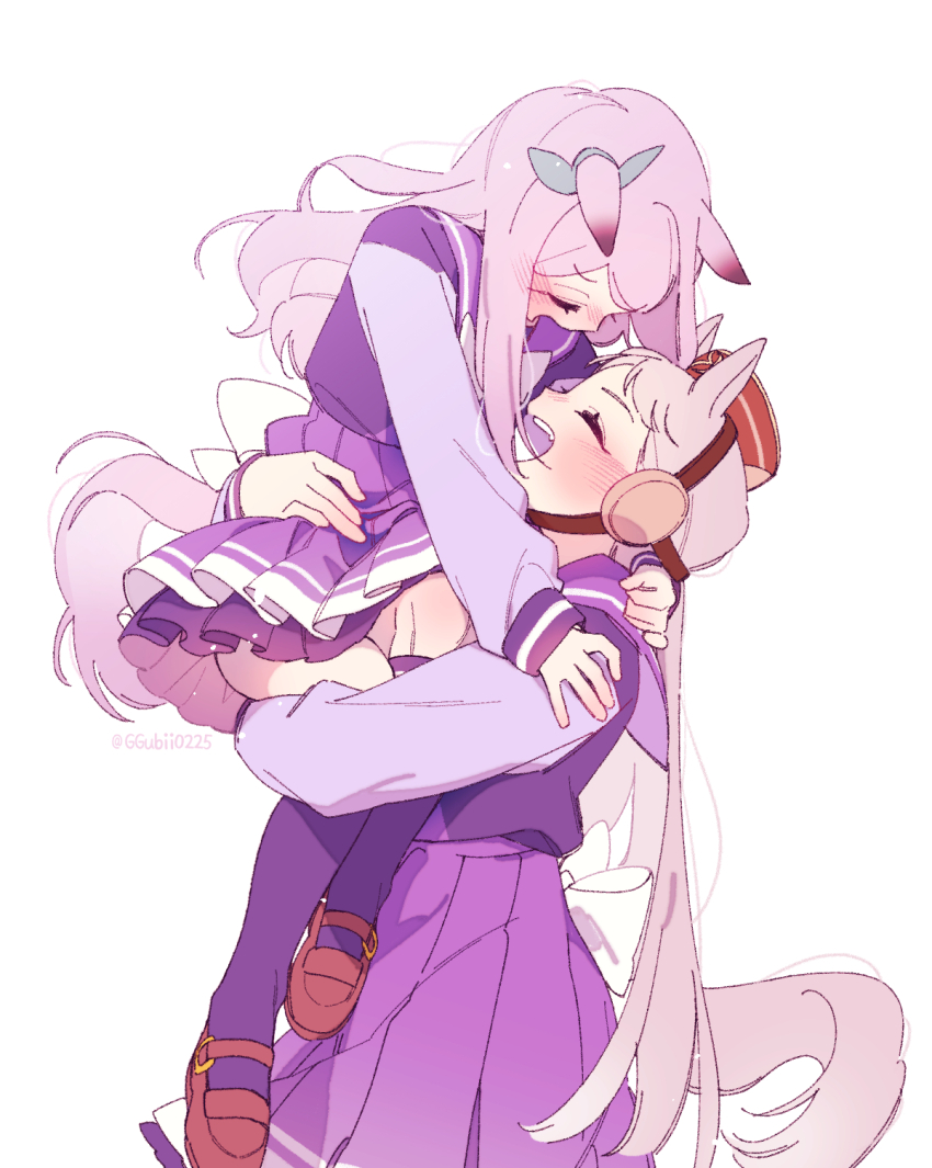 2girls animal_ears blush bow brown_footwear brown_headwear closed_eyes ear_bow facing_another ggubii0225 gold_ship_(umamusume) grey_hair hat highres horse_ears horse_girl horse_tail lifting_person long_hair long_sleeves mejiro_mcqueen_(umamusume) multiple_girls open_mouth petticoat purple_hair purple_shirt purple_skirt purple_thighhighs shirt shoes simple_background skirt smile standing tail thighhighs umamusume white_background yuri