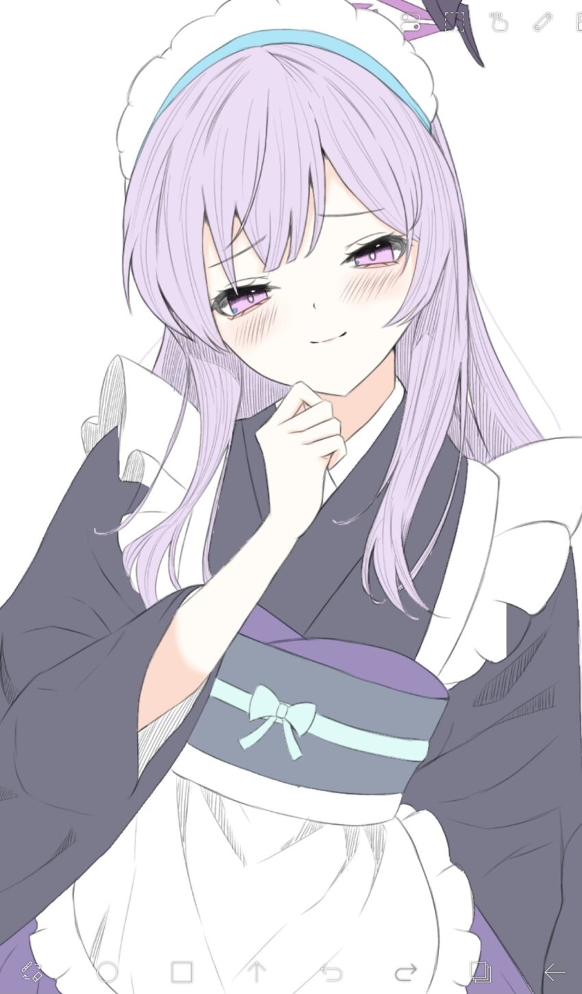 1girl alternate_costume apron art_program_in_frame black_kimono blue_archive blunt_bangs blush bright_pupils clenched_hand closed_mouth commentary cowboy_shot enmaided eyelashes frilled_apron frills furrowed_brow hair_between_eyes halo hand_up highres ibispaint_(medium) japanese_clothes kimono long_hair long_sleeves looking_at_viewer maid maid_apron maid_headdress purple_eyes purple_hair purple_halo sidelocks simple_background smile solo straight_hair utaha_(blue_archive) wa_maid wa_sumi white_apron white_background white_pupils wide_sleeves