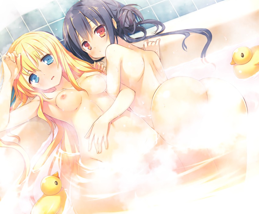 2girls bathing bathtub black_hair blonde_hair blue_eyes breasts brown_eyes clover_(series) clover_days convenient_censoring highres multiple_girls nimura_yuuji nipples nude rubber_duck saiga_(company) same-sex_bathing shared_bathing small_breasts steam steam_censor takakura_anri takakura_anzu tile_wall tiles