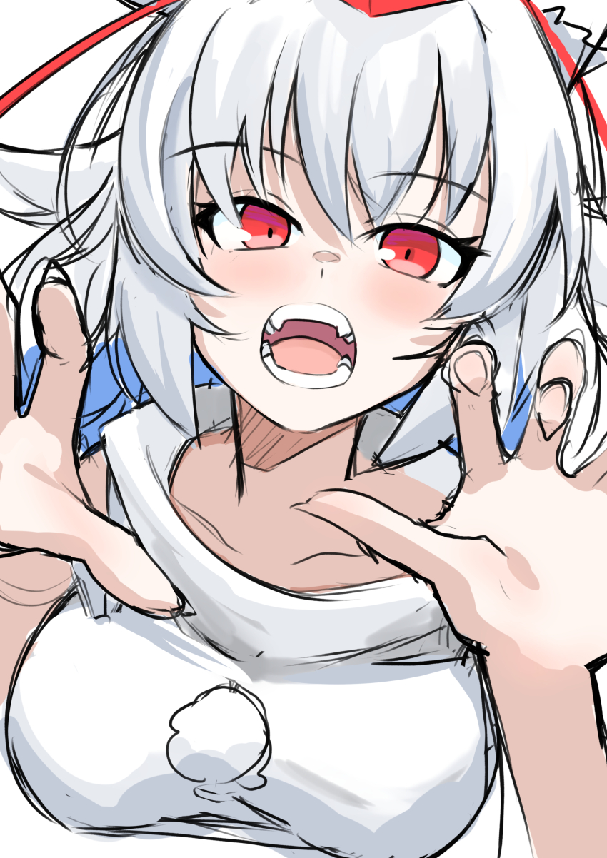 1girl absurdres breasts collarbone commentary highres inubashiri_momiji looking_at_viewer open_mouth pom_pom_(clothes) red_eyes short_hair simple_background sketch solo touhou upper_body white_background white_hair yuuka_(a0240765)