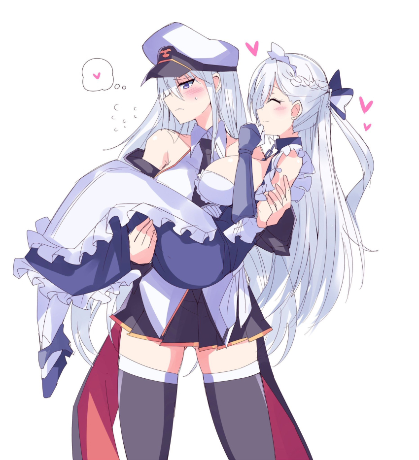 2girls apron azur_lane bare_shoulders belfast_(azur_lane) black_neckwear blush boots braid breasts carrying chain coat collar dress embarrassed enterprise_(azur_lane) frills gloves hat heart highres himiya_jouzu knee_boots large_breasts long_hair looking_at_viewer maid maid_headdress multiple_girls necktie off_shoulder peaked_cap princess_carry purple_eyes shirt simple_background skirt sleeveless sleeveless_shirt smile speech_bubble sweatdrop thighhighs thought_bubble very_long_hair white_background white_gloves white_hair yuri
