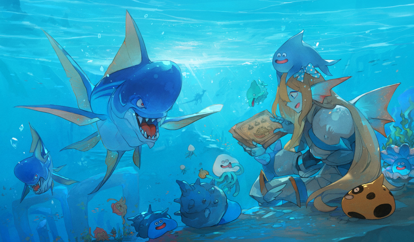 1boy armor blonde_hair clam_shell dragon_quest dragon_quest_x escalin_(hld_doreko) fins fish hieroglyphics highres linne_(hld_doreko) long_hair low-tied_long_hair ocean ruins seaweed sharp_teeth slime_(dragon_quest) teeth trap underwater