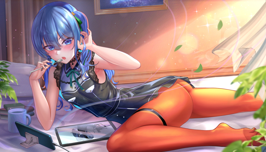 1girl aqua_hair ass belt black_belt black_choker black_dress blue_eyes blue_hair breasts choker collared_dress colored_inner_hair dress feet green_ribbon hair_between_eyes hair_ribbon hololive hoshimachi_suisei hoshimachi_suisei_(casual) jagoo lace lace_choker lace_sleeves long_hair looking_at_viewer lying multicolored_hair neck_ribbon open_mouth orange_pantyhose pantyhose ribbon short_dress short_sleeves small_breasts solo star_(symbol) star_in_eye symbol_in_eye thigh_strap virtual_youtuber